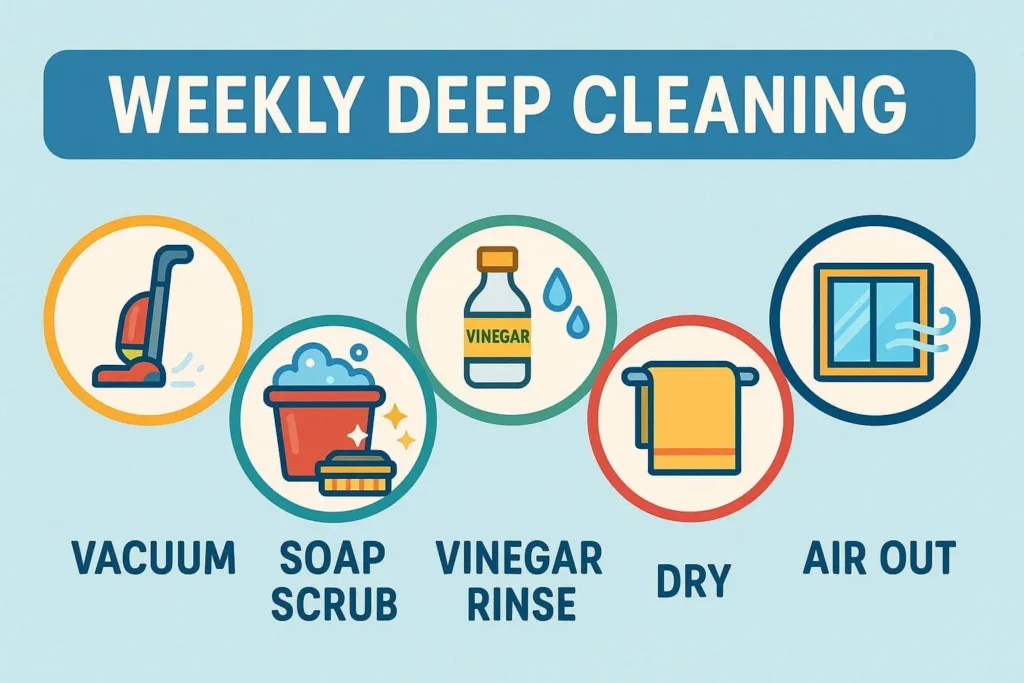 Illustration of weekly sauna deep-clean process: vacuum corners, scrub with mild soap, rinse with vinegar spray, dry and air out