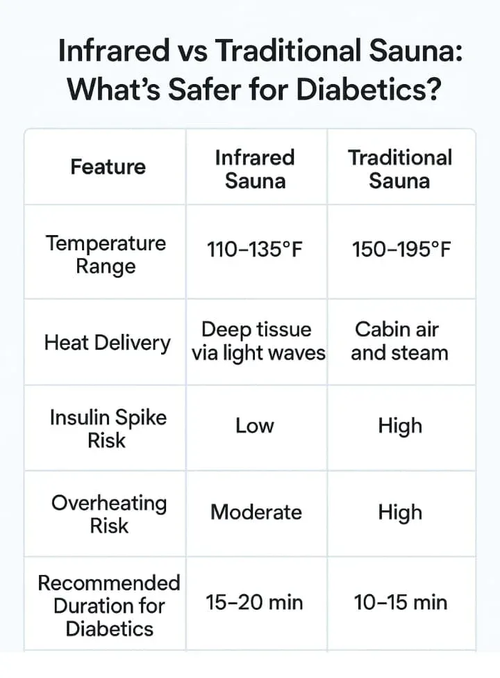 Comparison chart for diabetics showing infrared sauna (110–135°F, deep tissue heat, low insulin spike risk, moderate overheating risk, 15–20 min) versus traditional sauna (150–195°F, cabin air/steam, high insulin spike risk, high overheating risk, 10–15 min).