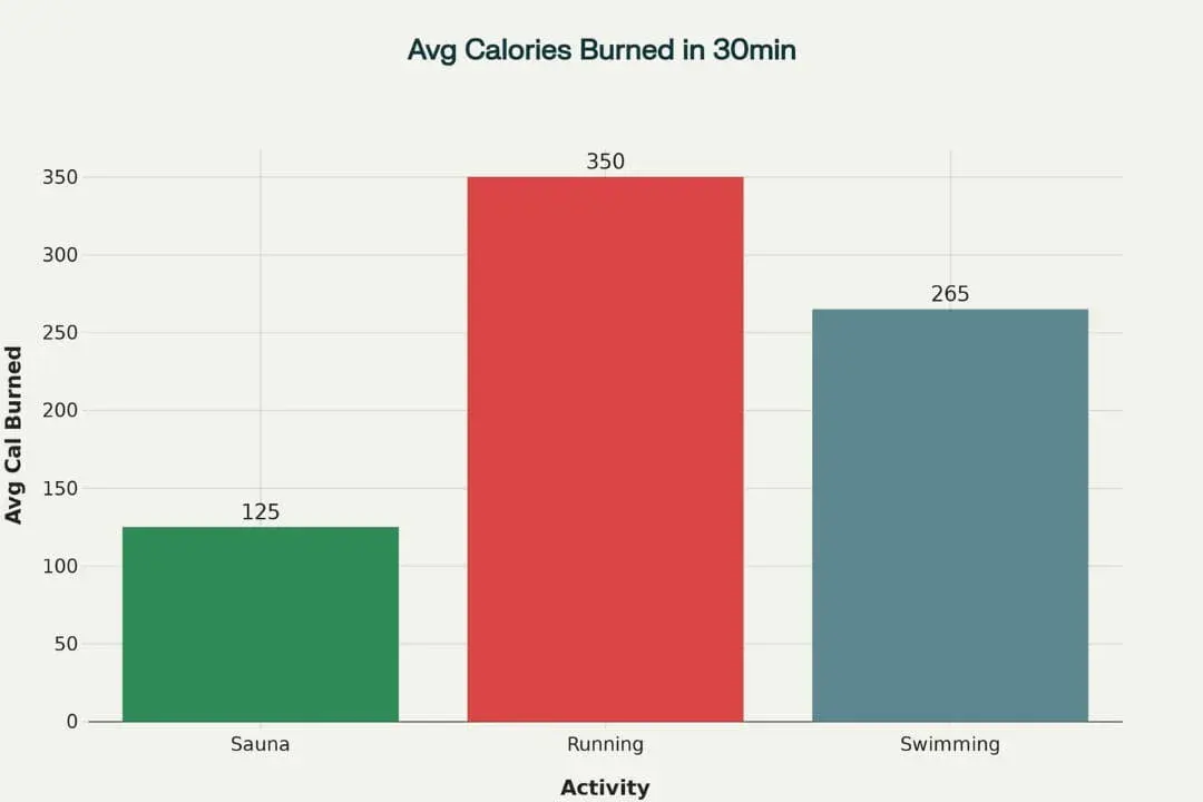 Infographic breaking down how many calories do you burn in a sauna compared to activities like running and swimming.