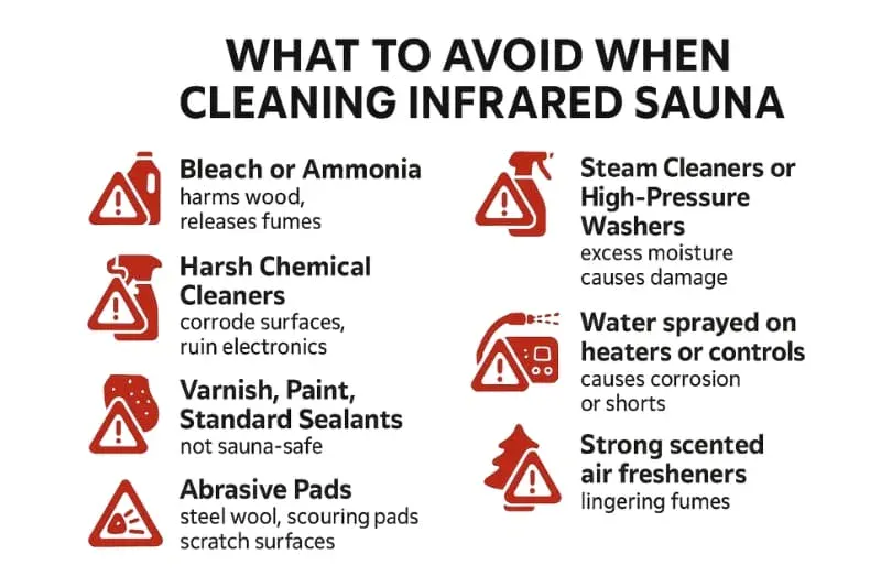 Infographic showing what to avoid when cleaning an infrared sauna, featuring icons and dark text for bleach, ammonia, harsh chemicals, varnish, abrasive pads, steam cleaners, spraying water on controls, and strong air fresheners, all marked with red caution symbols.