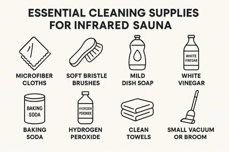 Essential cleaning supplies for infrared sauna, including microfiber cloths, soft bristle brush, mild dish soap, white vinegar, baking soda, hydrogen peroxide, clean towels, and a small vacuum or broom, each illustrated with simple icons.