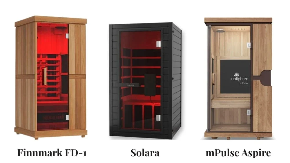 Comparison of full-spectrum infrared saunas with red light therapy, featuring Finnmark FD-1, SaunaBox Solara, and Sunlighten mPulse Aspire models side by side, highlighting exterior designs and red light features