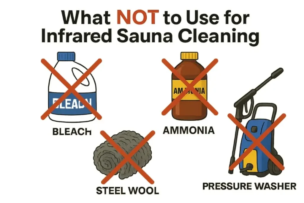 Illustration of cleaning products to avoid in an infrared sauna, including bleach, ammonia, steel wool, and pressure washer marked with red Xs