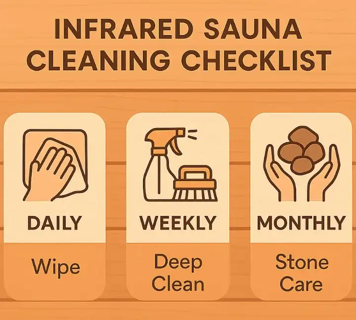 Infrared sauna cleaning schedule infographic showing daily wipe-down, weekly maintenance, and monthly deep cleaning tasks with icons