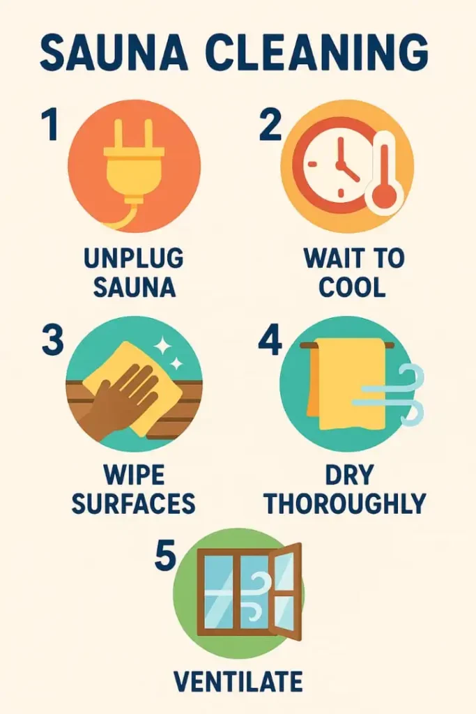 Step-by-step infographic for infrared sauna cleaning: unplug, cool down, wipe surfaces, dry thoroughly, and ventilate with numbered icons