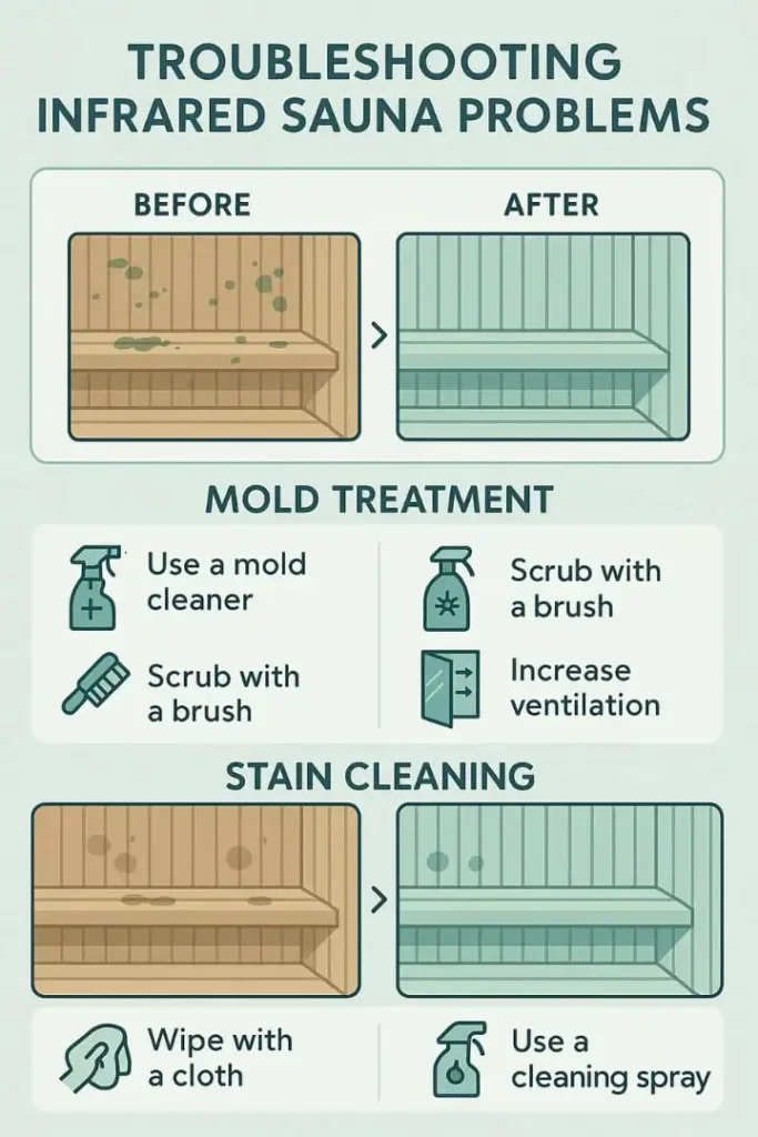 Troubleshooting guide for infrared sauna cleaning showing before and after mold treatment and stain removal steps with icons