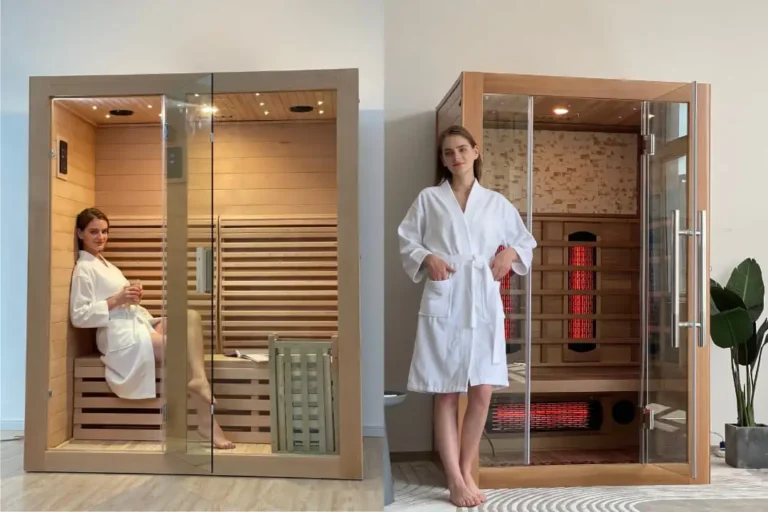 infrared vs traditional sauna side-by-side comparison with traditional sauna interior on the left and infrared sauna cabin on the right illustrating features and design differences