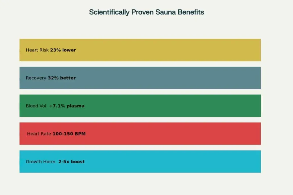 Post-workout sauna benefits chart displaying research-backed advantages including reduced heart disease risk, improved recovery time, increased blood plasma volume, elevated heart rate, and growth hormone enhancement