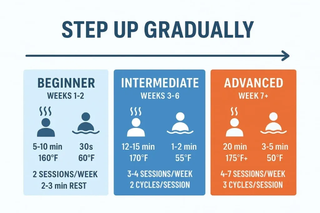 Infographic showing progressive sauna and cold plunge protocols with beginner, intermediate, and advanced schedules including time, temperature, and frequency.