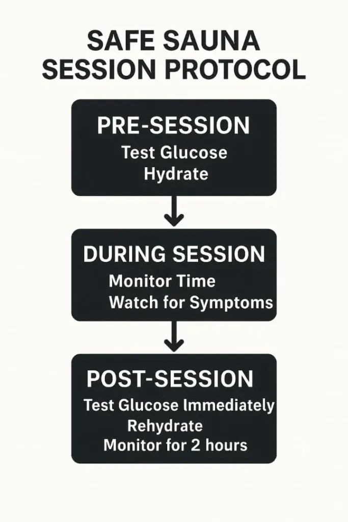 Safe sauna session protocol flowchart for diabetics: test glucose, hydrate, monitor time, watch symptoms, rehydrate, and monitor post-session.