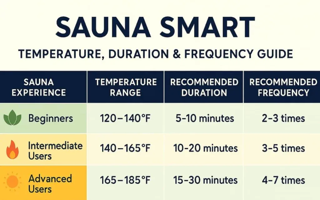 Complete sauna guide showing temperature, duration, and frequency recommendations by experience level: Beginners (120-140°F, 5-10 minutes, 2-3 times), Intermediate Users (140-165°F, 10-20 minutes, 3-5 times), and Advanced Users (165-185°F, 15-30 minutes, 4-7 times)