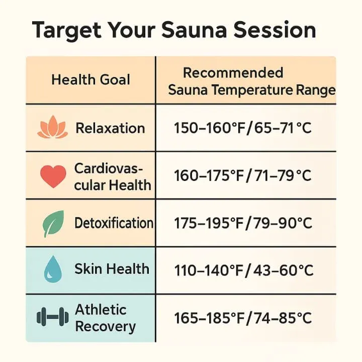 Sauna temperature recommendations by health goal: Relaxation (150-160°F), Cardiovascular Health (160-175°F), Detoxification (175-195°F), Skin Health (110-140°F), and Athletic Recovery (165-185°F), with both Fahrenheit and Celsius temperatures shown