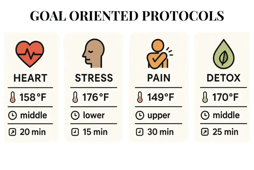Goal-oriented sauna protocols chart showing recommended temperatures, bench levels, and session durations for heart health, stress relief, pain management, and detoxification.