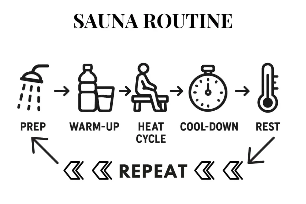 Illustrated sauna routine checklist with steps for shower prep, warm-up, heat cycle, cool-down, rest, and repeat instructions for proper sauna use.