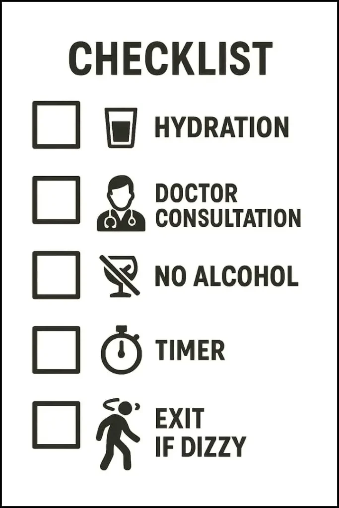Sauna safety checklist image with hydration, doctor consultation, no alcohol, timer reminder, and advice to exit if feeling dizzy.