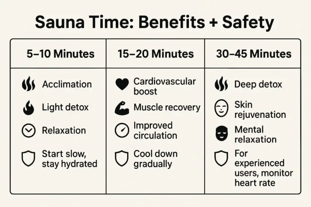 Sauna session timing infographic showing optimal sauna durations and health benefits including cardiovascular improvement, detoxification, muscle recovery, skin health, and safety tips for beginners and experienced sauna users.