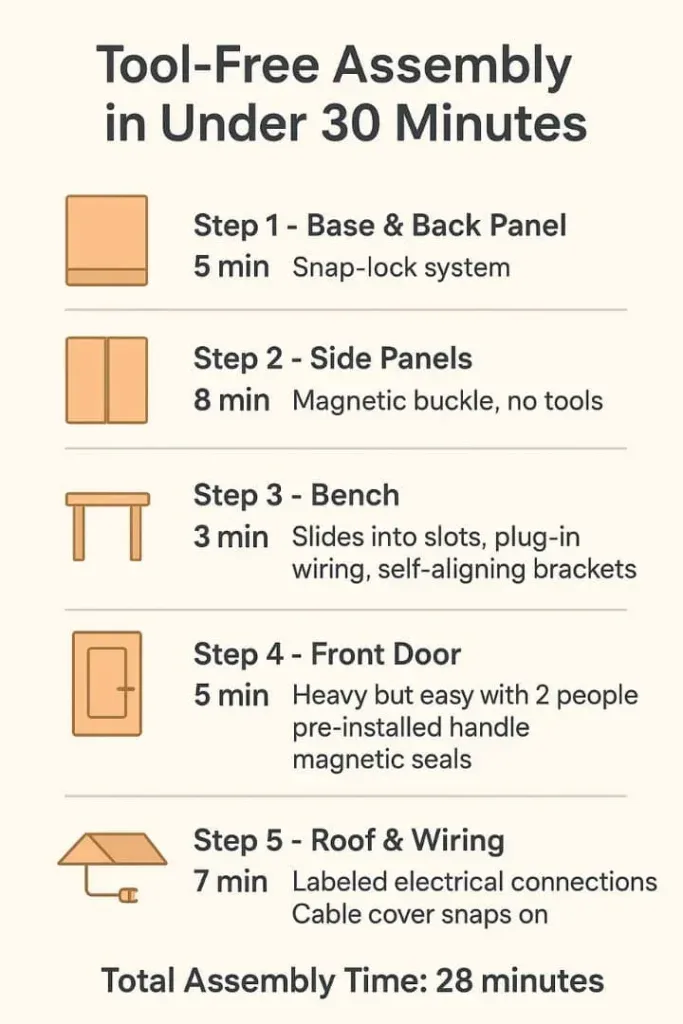 Step-by-step tool-free assembly instructions for the SaunaBox Solara infrared sauna, showing setup in under 30 minutes
