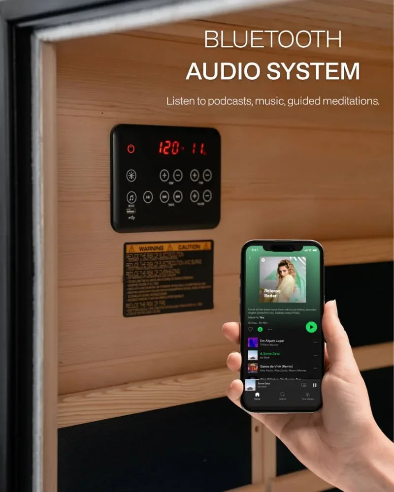 Bluetooth audio system inside SaunaBox Solara infrared sauna, showing smartphone connection for music and podcasts