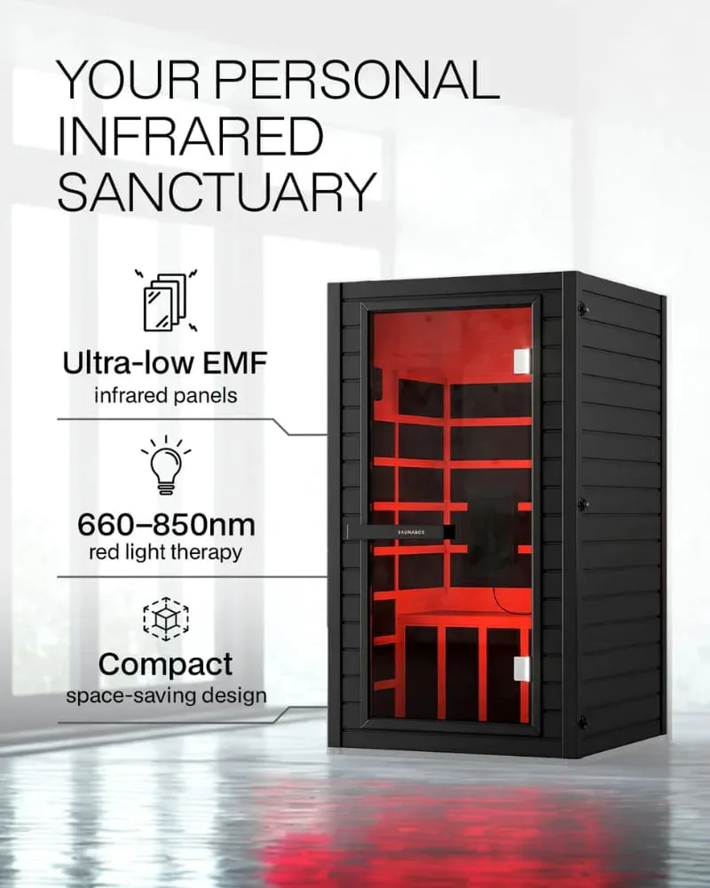SaunaBox Solara marketing graphic highlighting compact design, full-spectrum infrared panels, and red light therapy