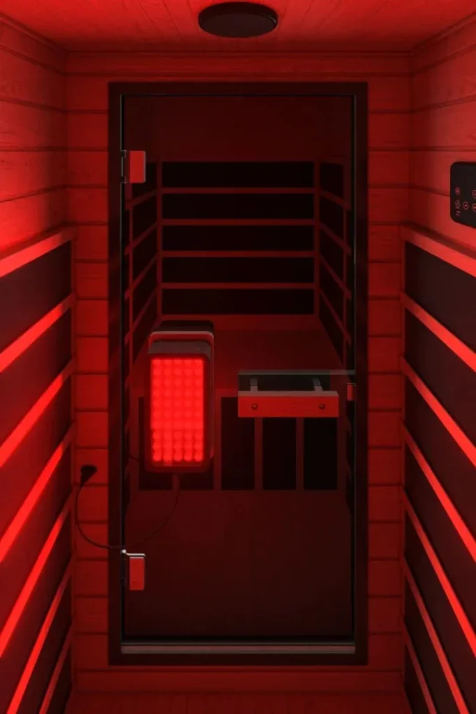 Interior of SaunaBox Solara infrared sauna glowing with full-spectrum red light therapy panels