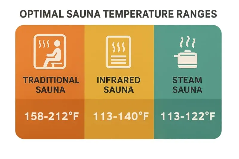 Optimal temperature ranges for different sauna types: Traditional sauna (158-212°F), Infrared sauna (113-140°F), and Steam sauna (113-122°F)