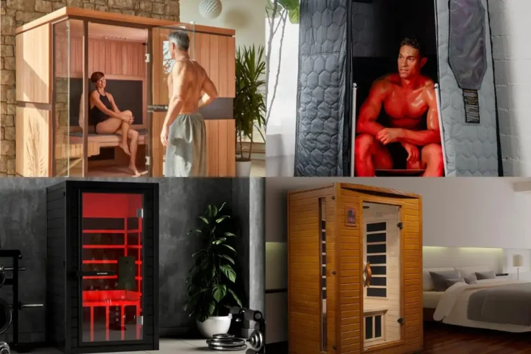 Best infrared sauna options for home use including luxury full-spectrum wooden sauna, compact portable infrared sauna tent, modern single-person infrared sauna with red light therapy, and classic two-person indoor sauna – top choices for relaxation, detox, and wellness at home.