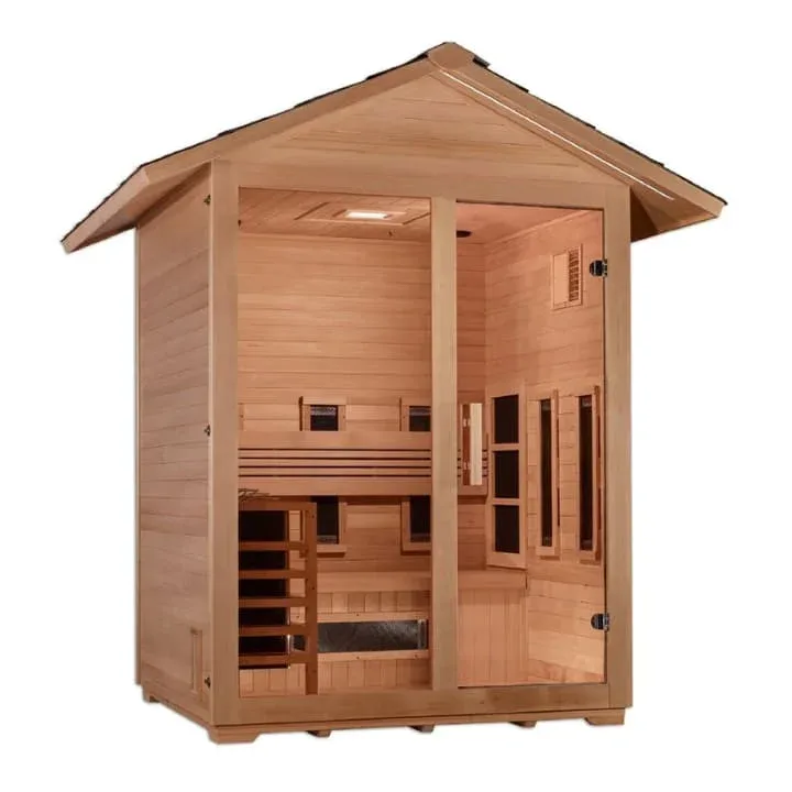 Golden Designs Carinthia 3-person hybrid outdoor sauna with Canadian Hemlock construction, bronze tempered glass door, and infrared heaters visible inside