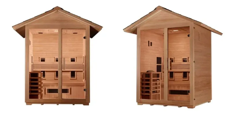 Golden Designs Carinthia outdoor hybrid sauna showing front and side views with traditional cabin design, overhang roof, and full glass front panel