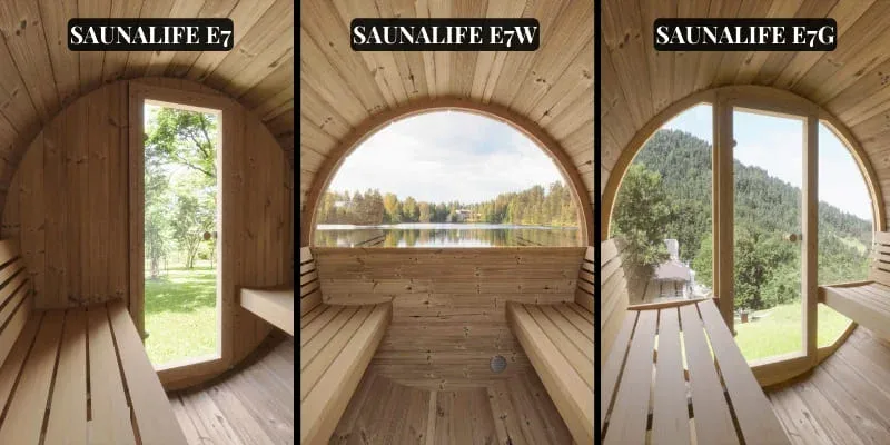 Interior views of three SAUNALIFE barrel sauna models E7, E7W, and E7G showing curved wooden interiors with natural wood benches and large panoramic windows overlooking scenic landscapes including lakes, forests, and mountains