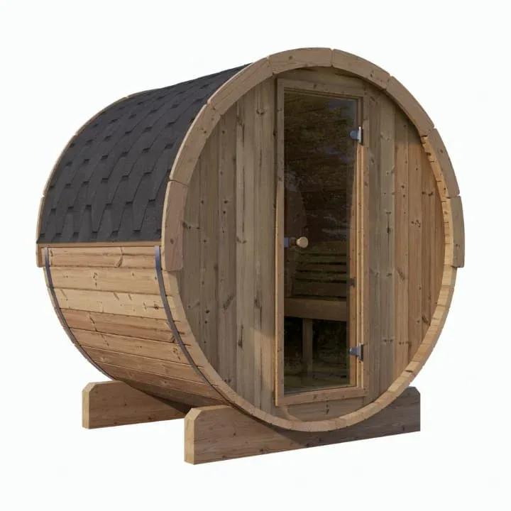 Exterior view of SAUNALIFE E7 barrel sauna with cylindrical wooden construction, black shingle roof, glass door entrance, and wooden support cradle base for outdoor backyard installation